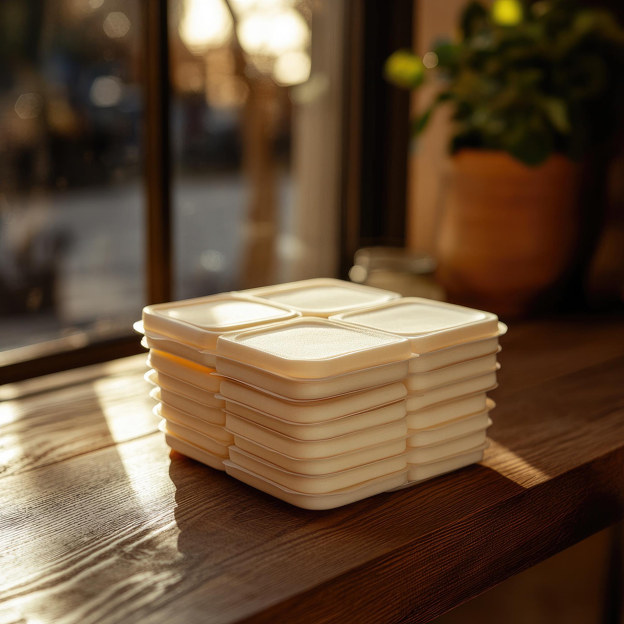 Stack of labeled meal boxes and a simple menu card