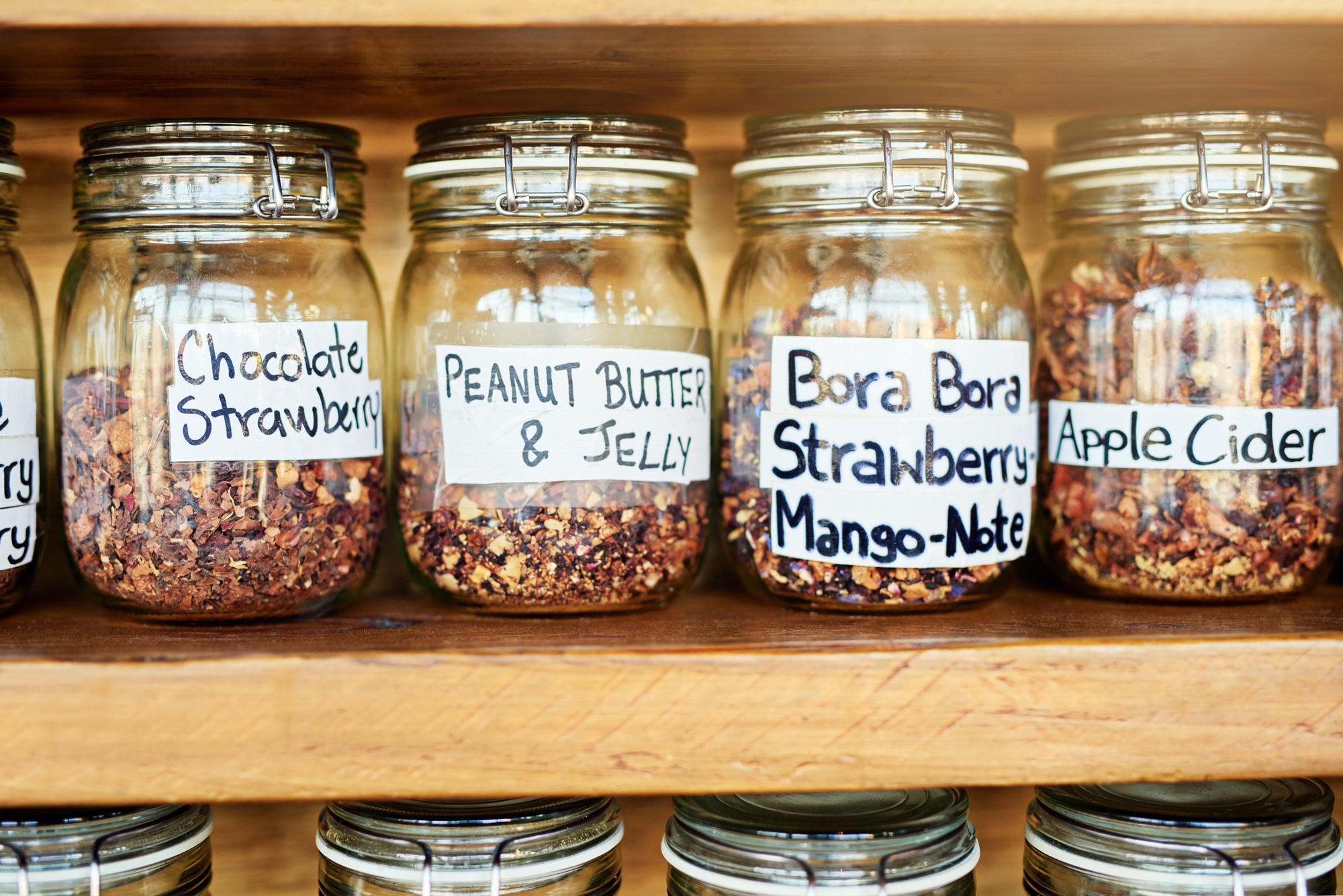 Neat pantry jars labeled for weekly plans