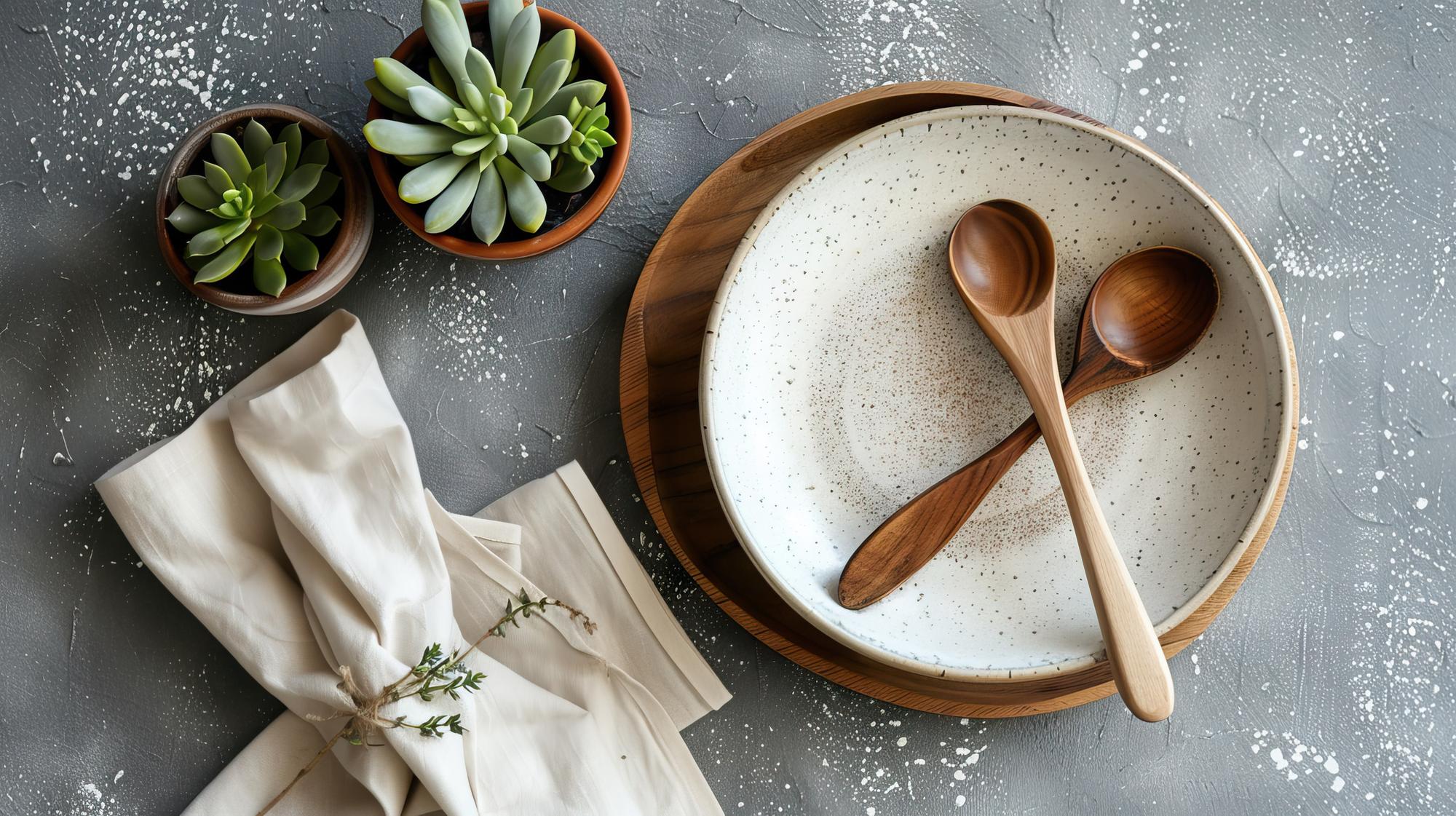 Overhead of a calm kitchen with plated meal and utensils